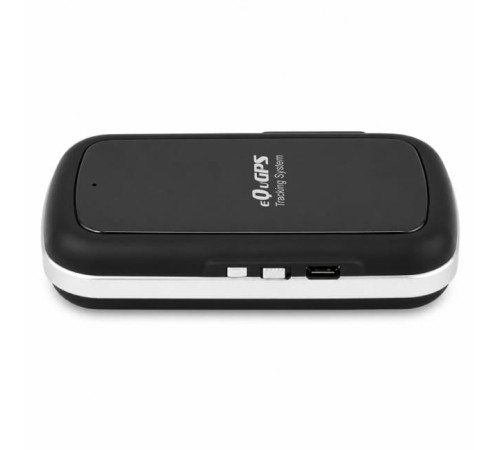 Портативный GPS-трекер eQuGPS черного цвета, вид сбоку, светодиодные индикаторы на корпусе.
