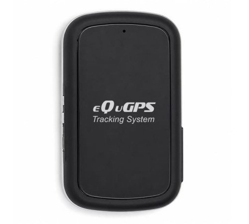 Портативный GPS-трекер eQuGPS черного цвета, вид сбоку, светодиодные индикаторы на корпусе.