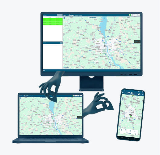 Комплексне зображення, що демонструє інтерфейс системи GPS-моніторингу еquGPS на трьох екранах: професійному моніторі (з картою Києва та списком об'єктів), ноутбуці (з подібною картою та списком) та смартфоні (з мобільною версією карти та позначками). Стилізована цифрова синя рука розміщує маячок на екрані ноутбука.