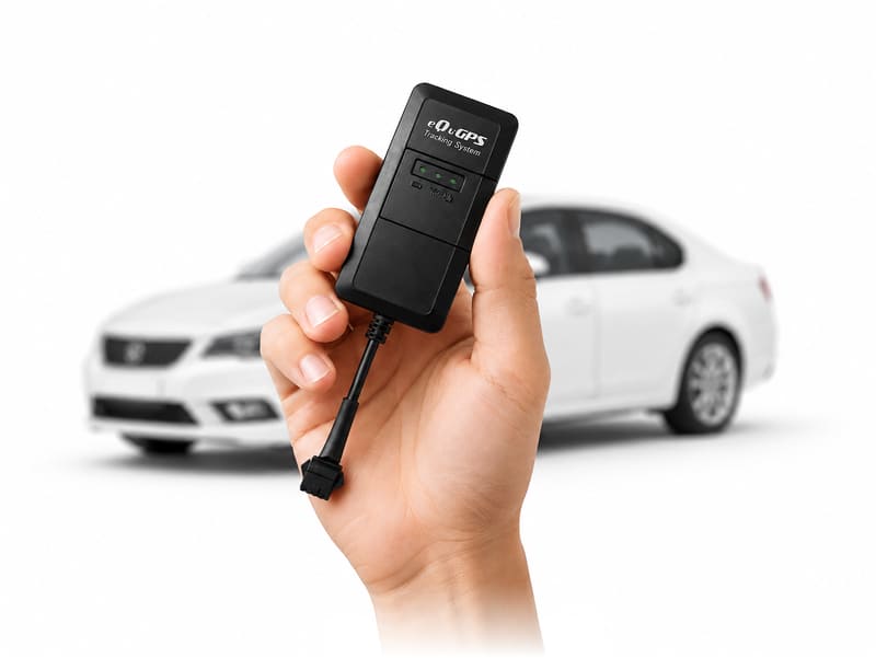 Чорний GPS-трекер eQuGPS Tracking System у руці на тлі розмитого білого автомобіля.
