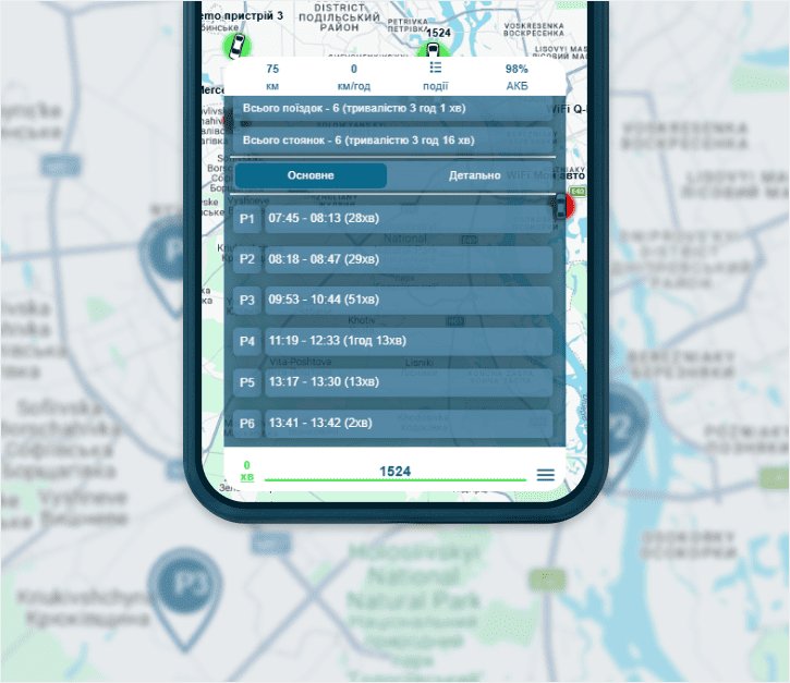 Інтерфейс мобільного додатка EquGPS зі статистикою поїздок та зупинок автомобіля на карті Києва.